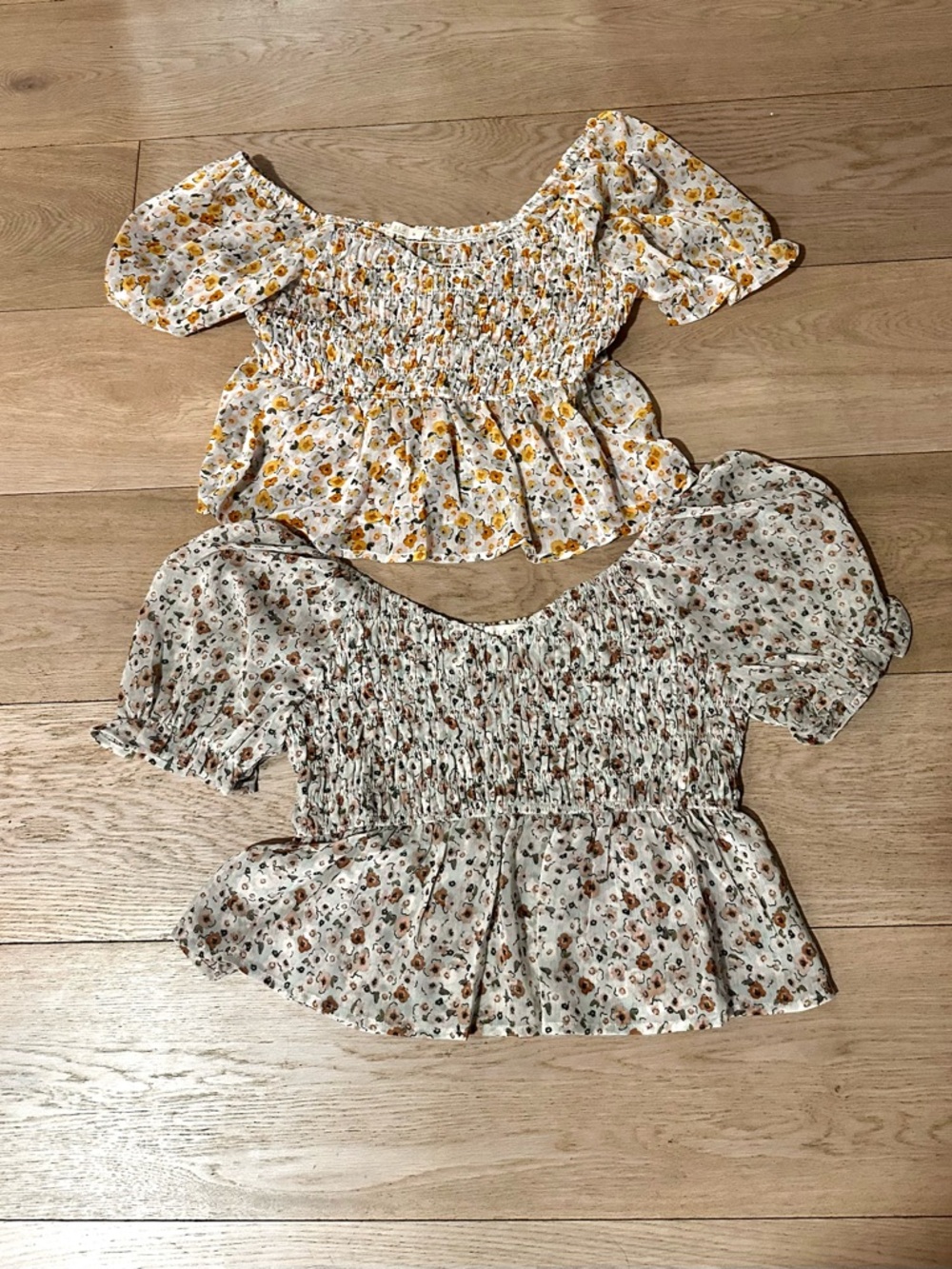 Smocked Floral Peplum Top - White with Yellow & Brown Floral